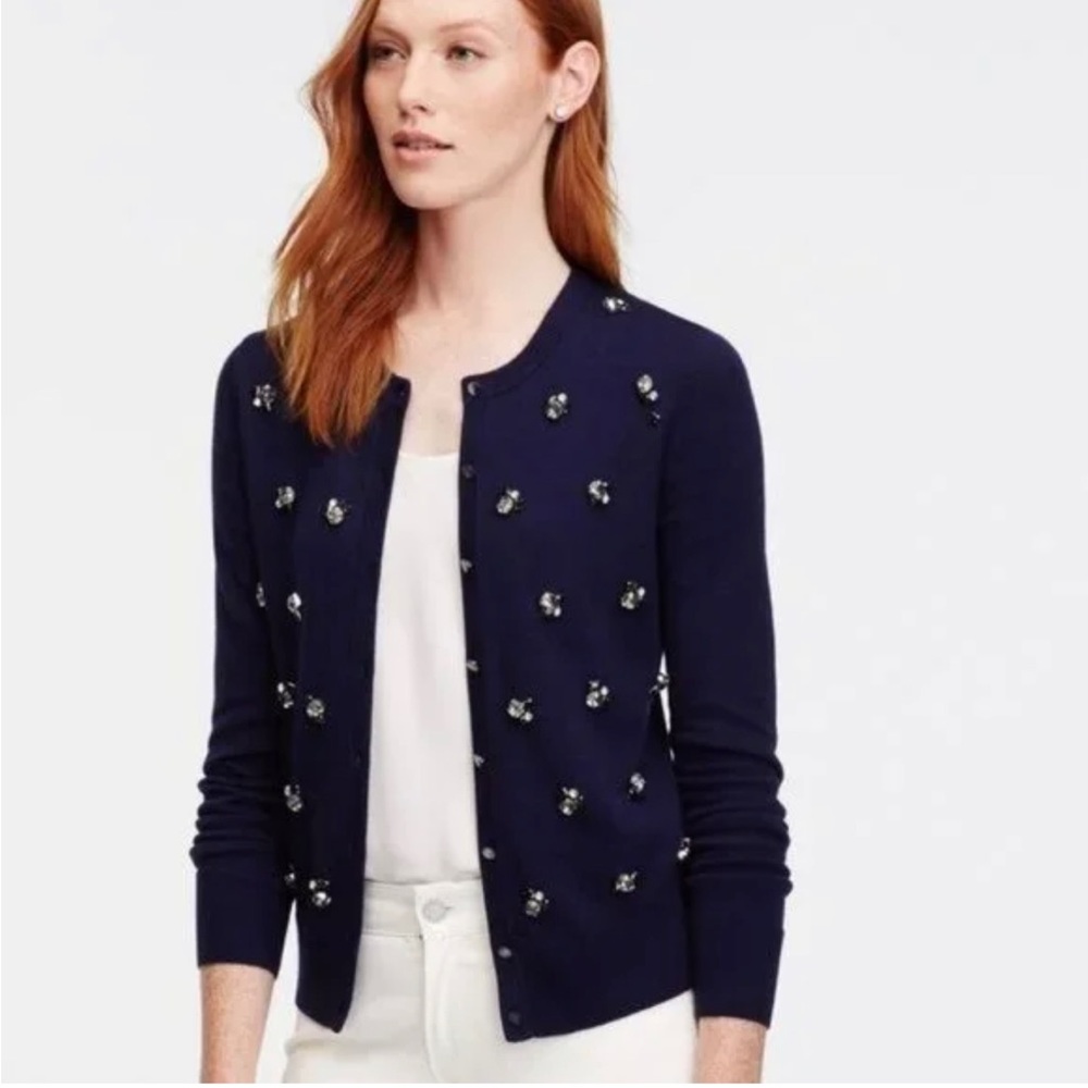 NWT! Ann Taylor Wool Blend Navy Blue Jeweled Embellished Cardigan Sweater